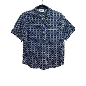FRNCH PARIS Navy White Geometric Print Short Sleeve Button Up Shirt XS